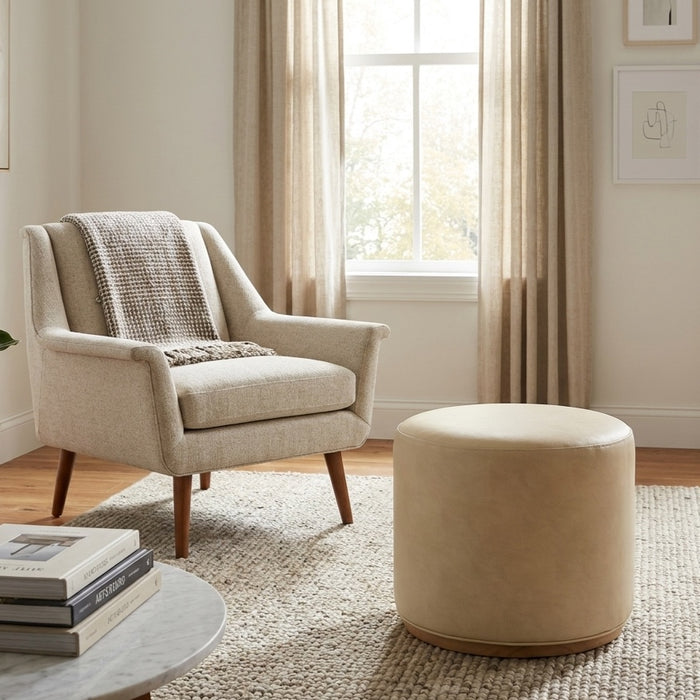 HomePop Cloud Ottoman with Wood Base - Cream Faux Leather