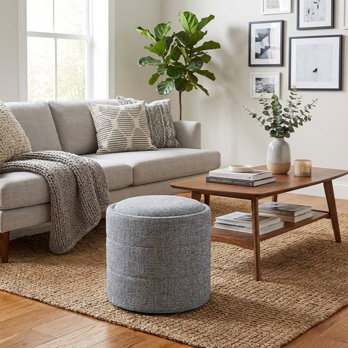 HomePop Storage Round Ottoman - Blue Gray Woven Fabric