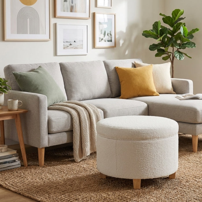HomePop Large Round Storage Ottoman - Cream. Boucle