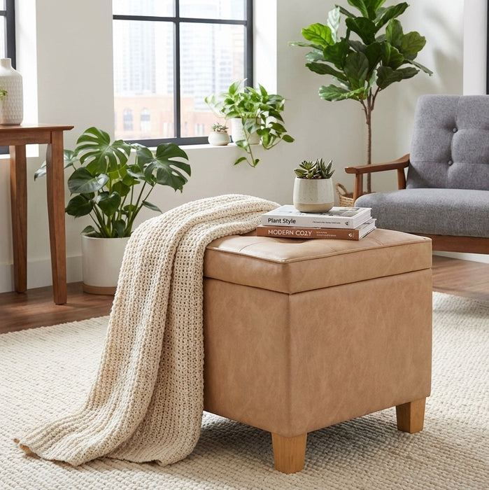 HomePop Square Tufted Storage Ottoman - Sand Faux Leather