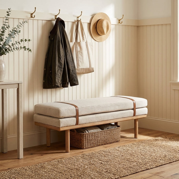 HomePop Upholstered Bench with Wood Base - White Woven Stripe