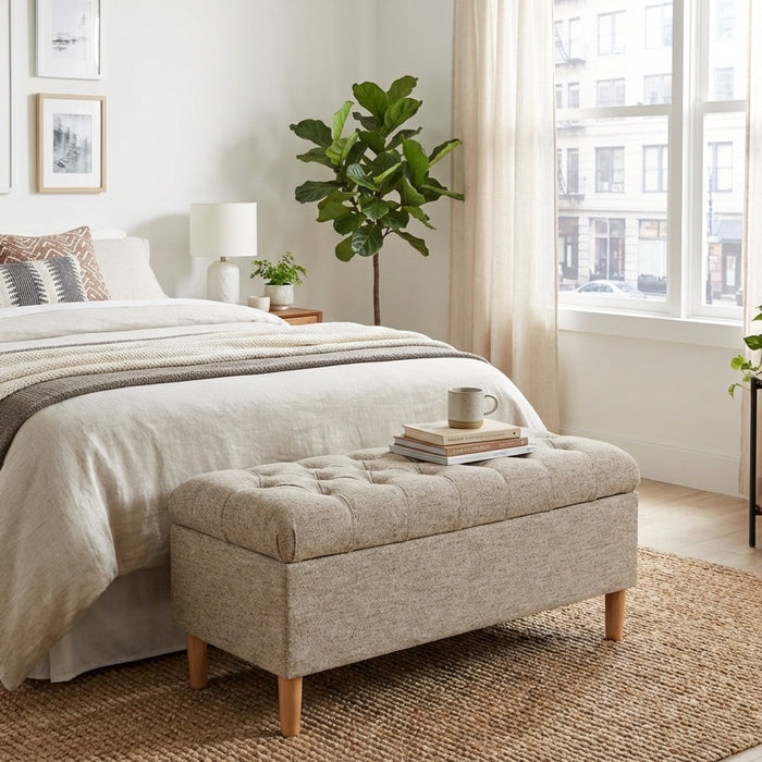HomePop Button Tufted Storage Bench with Cone wood legs - Midtone Gray Fabric