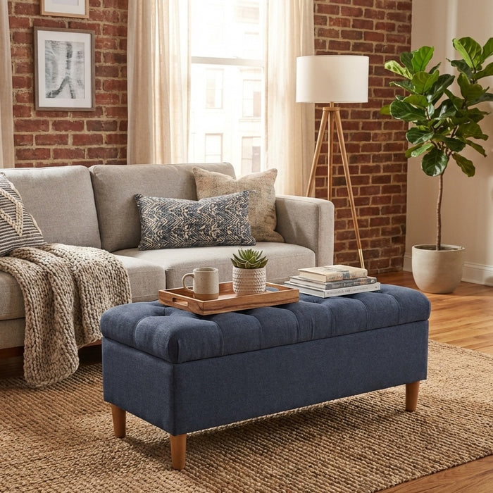 HomePop Button Tufted Storage Bench with Cone wood legs - Blue Woven Fabric
