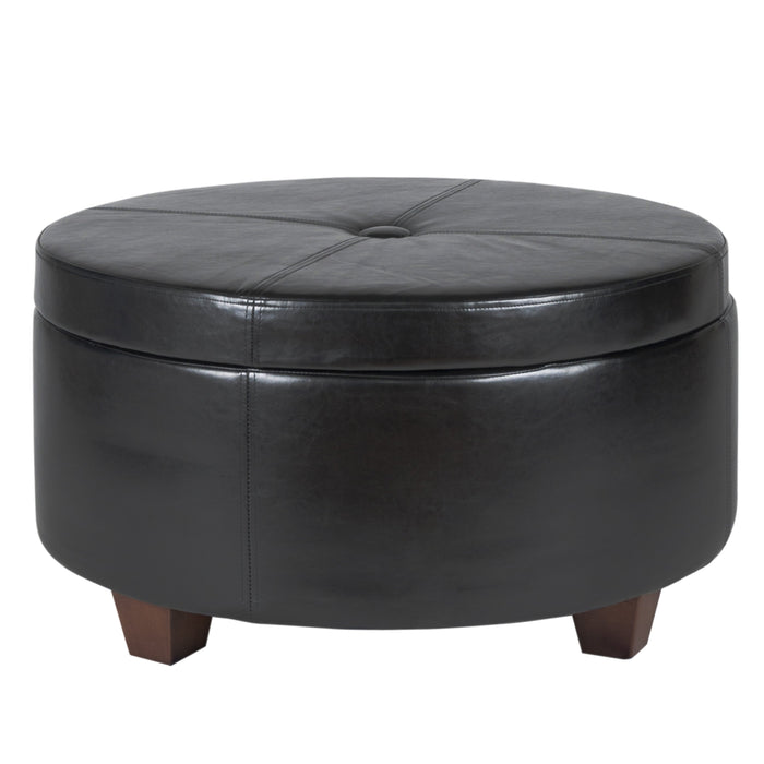 Large Round Button-top Storage Ottoman - Black Faux Leather