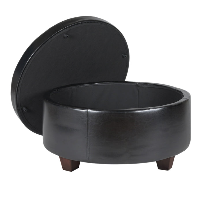 Large Round Button-top Storage Ottoman - Black Faux Leather
