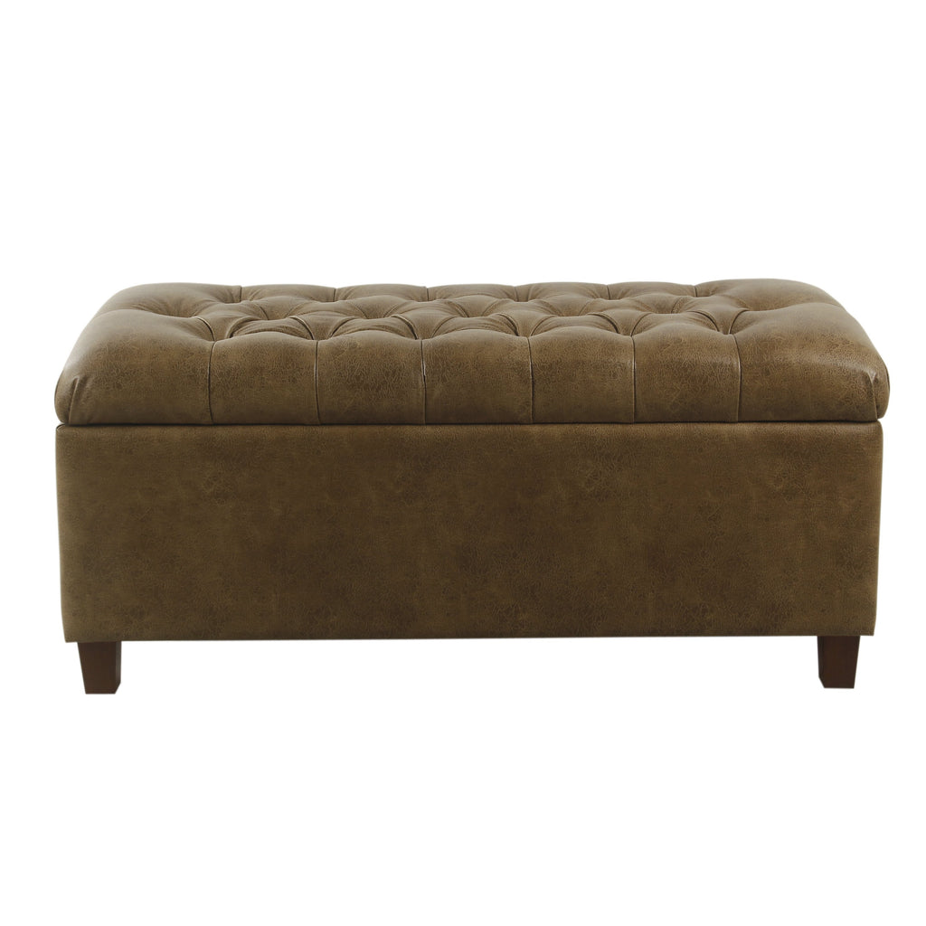 Button Tufted Storage Bench - Distressed Brown Faux Leather
