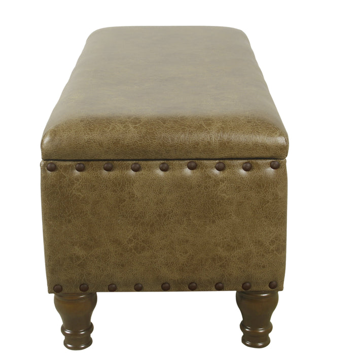 Large Storage Bench with Nailhead Trim - Distressed Brown Faux Leather