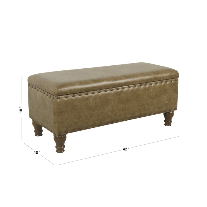 Large Storage Bench with Nailhead Trim - Distressed Brown Faux Leather
