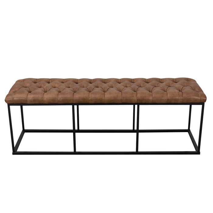 Metal Bench with Button Tufting - Distressed Brown Faux Leather