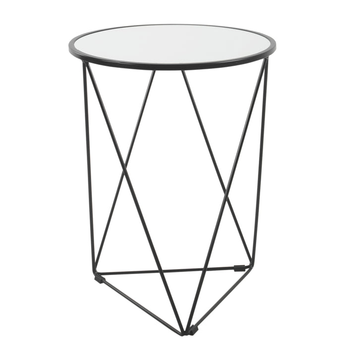 Metal Accent Table Triangle  Base Round Mirror Top - Black