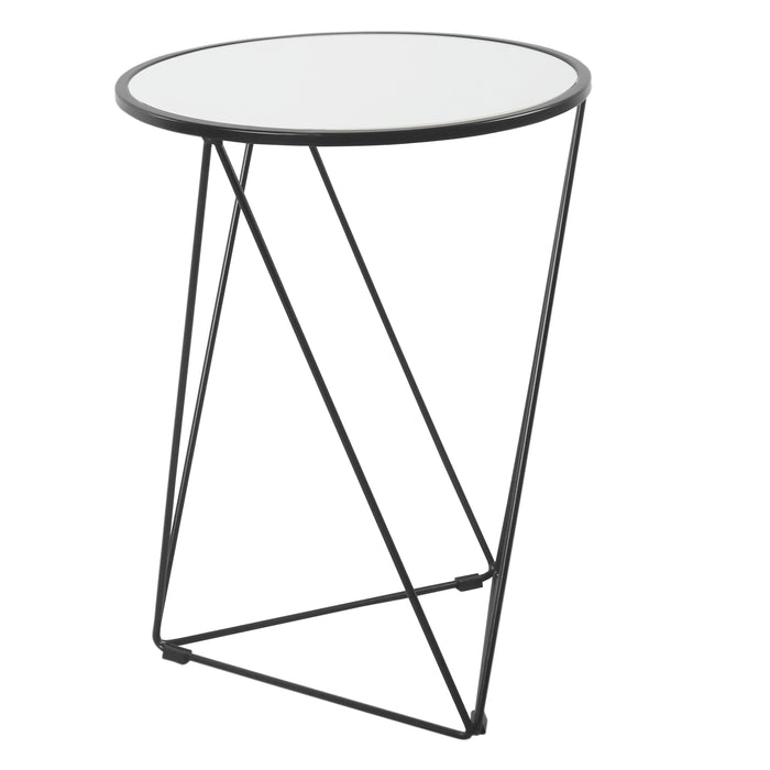 Metal Accent Table Triangle  Base Round Mirror Top - Black