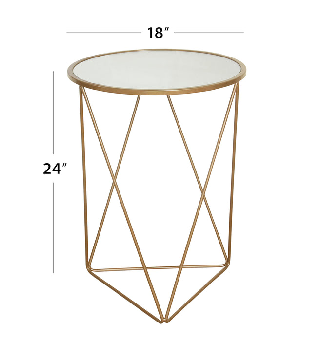 Metal Accent Table Triangle Base Round Mirror Top - Gold