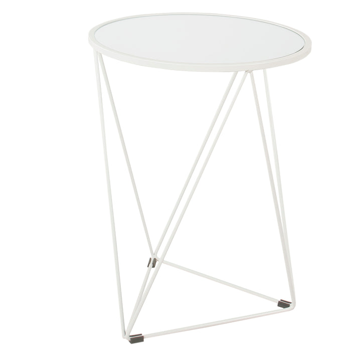 Metal Accent Table Triangle  Base Round Mirror Top - White