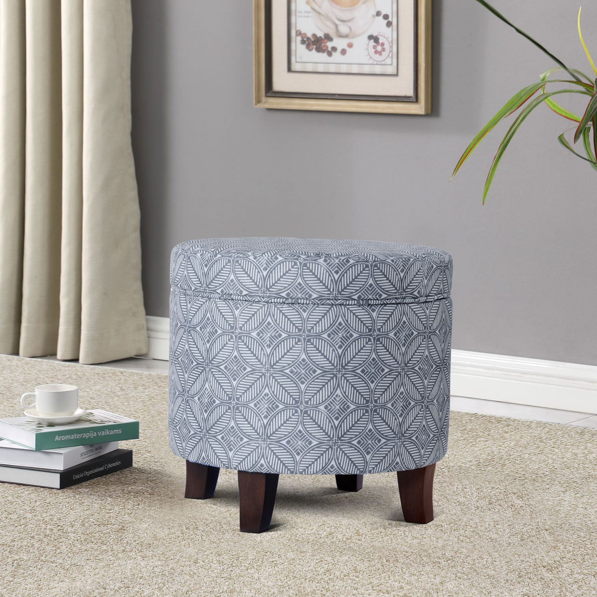 HomePop Upholstered Round Storage Ottoman Indigo Print HomePop Furniture