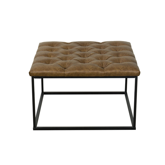 Metal  Ottoman with Button Tufting - Distressed Brown Faux Leather