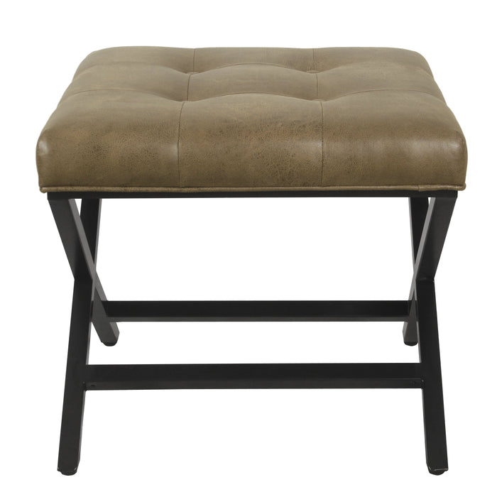 Modern Metal X-base Ottoman with Tufting  - Brown Faux Leather