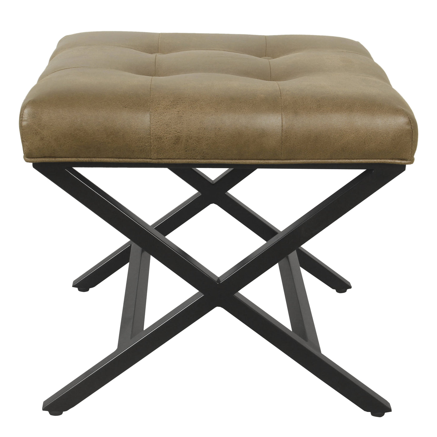 Modern Metal Xbase Ottoman with Tufting Brown Faux Leather — HomePop