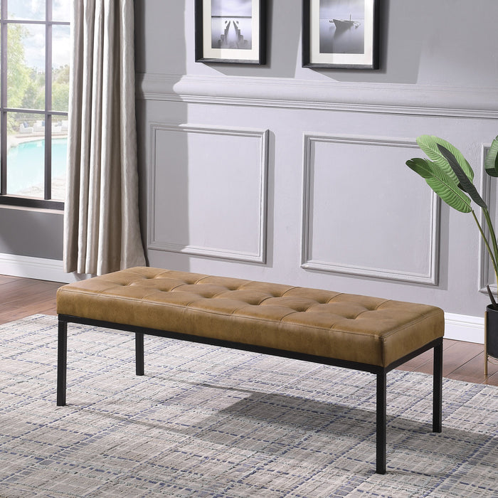 Tufted Metal Bench - Light Brown Faux Leather