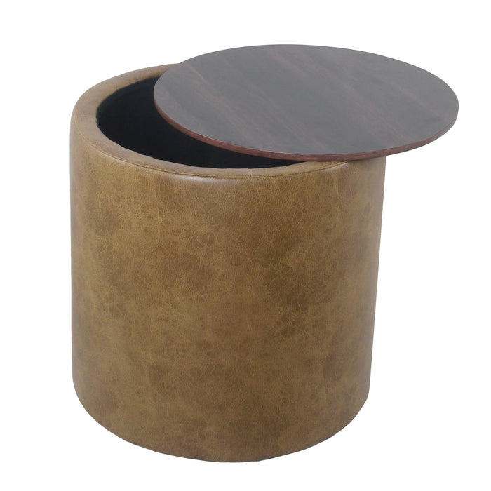 Storage Ottoman with Wood Top - Light Brown Faux Leather