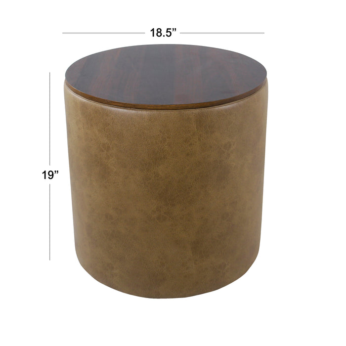Storage Ottoman with Wood Top - Light Brown Faux Leather