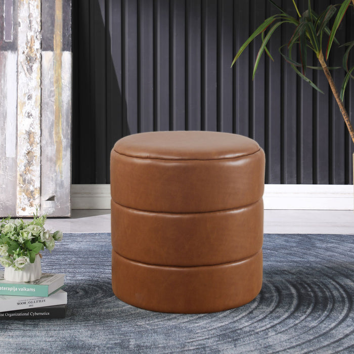 HomePop Upholstered Round Ottoman- Carmel Faux Leather