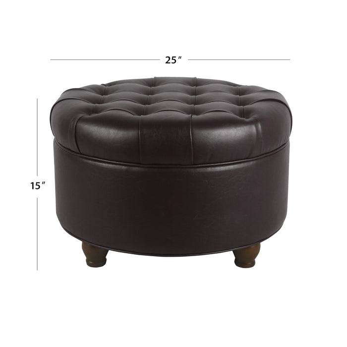 Large Tufted  Round Storage Ottoman - Brown Faux Leather