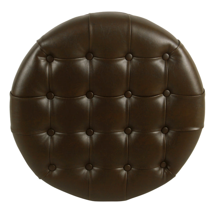 Large Tufted  Round Storage Ottoman - Brown Faux Leather