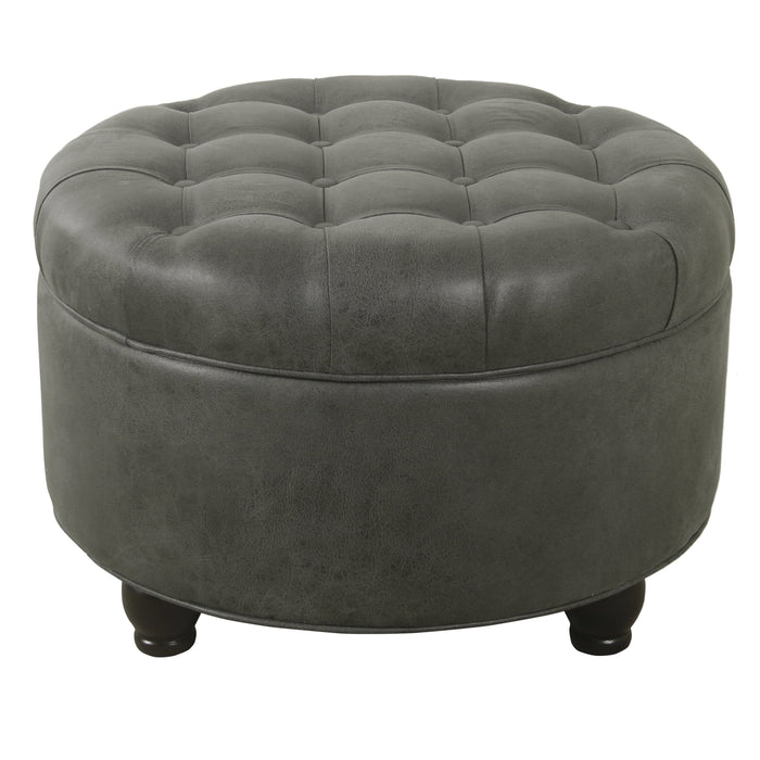 Large Tufted Round Storage Ottoman - Gray Faux Leather