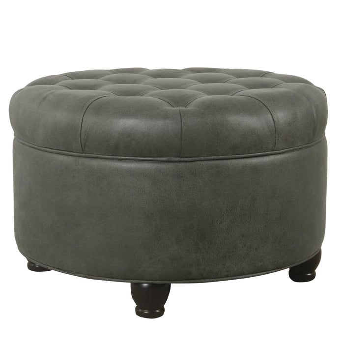 Large Tufted Round Storage Ottoman - Gray Faux Leather