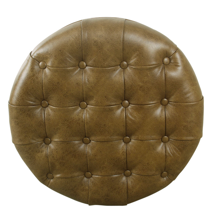 Large Tufted Round Storage Ottoman - Distressed Brown Faux Leather