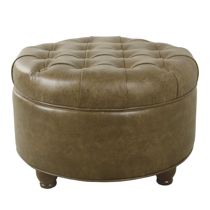 Large Tufted Round Storage Ottoman - Distressed Brown Faux Leather